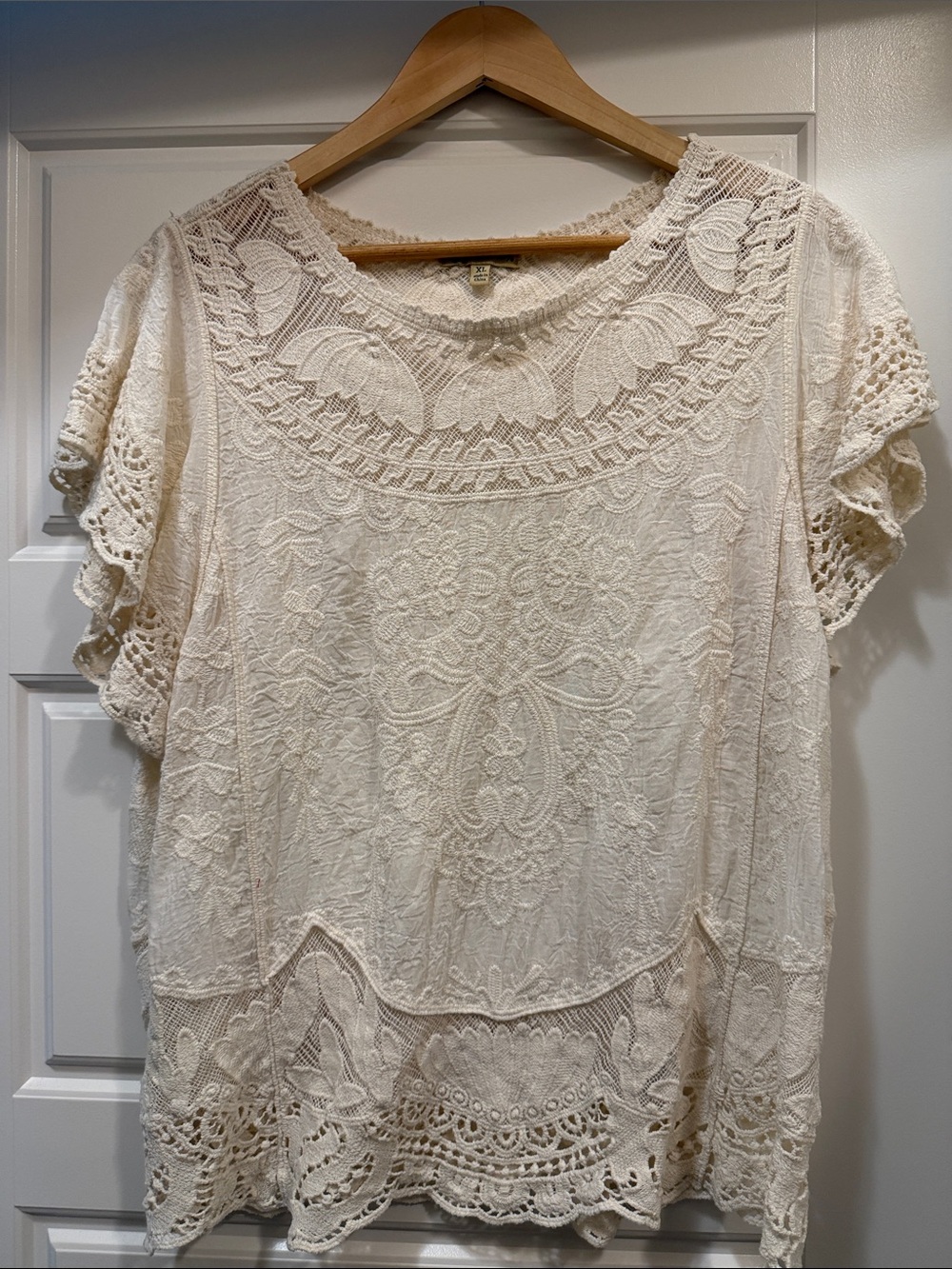 Democracy Cream Crochet Lace Flutter Sleeve Blouse